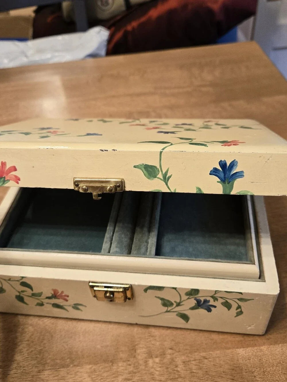Vintage Hand-Painted Floral Wooden Jewelry Box Velvet Lined
